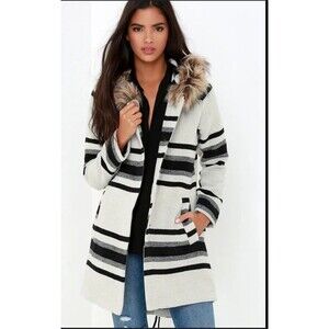 BB Dakota Women's Hooded Wool-Blend Coat w/ Faux Fur Black/Ivory Striped Size S
